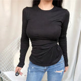 2021 Women O-neck Long Sleeve T shirts Lady White Cotton Tops Female Soft Casual Tees Women's Slim Frill Black