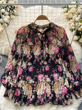 Korean Print Chiffon Shirt Bow Neck Long Sleeves Loose Leopard Top Casual Paisley Vintage Floral Blouse Spring
