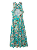 Women Green Printed Sleeveless Midi Dress Elegant Female Backless For Dancing Party Chic Femme
