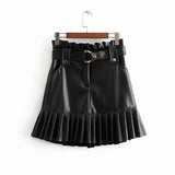 Women Chic PU Leather Pleated Skirt Ruffles Tie Belt Waist Pocket Skirt Zipper Fly Ladies Elegnt Mini Skirts Jupe