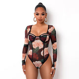 Fashion Floral Mesh Sheer Long Sleeve Bodysuits Women Rompers Party Sexy Slim Teddy One Piece Jumpsuit Female