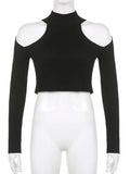 Basic Black Turtleneck Sweater Pullovers Hollow Out Off Shoulder Skinny Casual Sweaters Streetwear Women Knitwear
