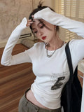 Grunge Aesthetic T Shirt Women Knitted Skinny Tops Y2k Vintage Crop Tops Print American Retro Tshirts Autumn