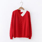 Autumn Winter Knitted Pullover Sweater Women Long Sleeve Spliced V Neck Sweater Pink White Blue Red