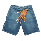 New Hip-Hop Funny One-Hand Pattern Printed Denim Shorts Men's High Street Fashion And