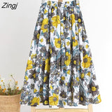 Stripe Cotton Linen Skirts Women Summer Elastic High Waist Pleated Midi Skirt Loose Casual A-Line Beach Boho Skirt