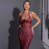 Red Lace Flower Halter Mermaid Style Maxi Dress- Outfit