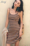 Women Skinny Hot Above Knee Sexy Spaghetti Strap Summer Female Brown Plaid Vintage Leisure Street Simple Sundress