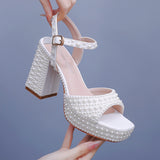 Cm Coarse Heel Fish Mouth Waterproof Table Sandals Round Head Square Sandals Side Sandals And Pearl Bridal Dress