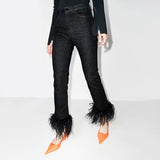 Zingj Luxury Wind Ostrich Hair Splicing Straight Pants 2024 Spring Style High Waist Foreign Style Versatile Show Thin Casual Jeans
