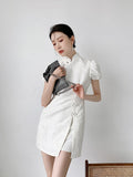 Jacquard White Vintage Cheongsam Dress Puff Sleeve Summer Bodycon Retro Ladies Mini Chinese Traditional Dress