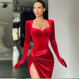 Women 2022 Spring New High Waist Split Floor-length Evening Party Dress with Gloves Sexy Long Maxi Prom Cocktail