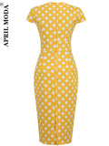 Dress for Women Printed Summer Yellow Bodycon Gowns 50s 60s Pin Up Office Retro Vintage Club Party Dress Evening