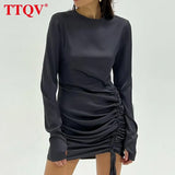 Autumn Pink Satin Bodycon Dress Fashion Chic O-Neck Long Sleeve Mini Dress Elegant Slim Drawstring Dresses For