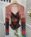 Explosion Tie-Dye-Print Long Sleeve Bottom Sexy Hottie V-Neck T-Shirt Folded Slimming Mesh Yarn Top