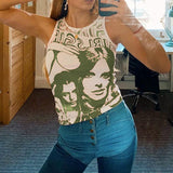 Vintage Y2K Aesthetic Tank Top Hip Hop Face Graphic Print Sleevless Slim Fit Women Gothic Crop Vest Sweats Tee