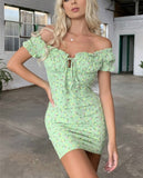 Queens Woman Green Floral Print Sexy Off Shoulder Cotton Patch Mini Dress Ladies Short Sleeve Lace-up