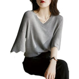 Women's Summer Knitted Shirt Petal Sleeve V-neck Solid Tops Loose Short Sleeve Ice Silk Sweater Women Fashion Shirt