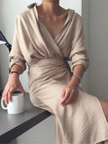 Women Casual V-neck Cotton Linen Midi Dress Full Sleeve Lace Up Female Elegant Solid