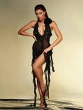 Black Mesh Fringe Ruffle Open Back Midi Dress- Outfit