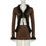 Tie Up Feather Leopard Print Tie Up Top And Mini Skirt Set- Outfit