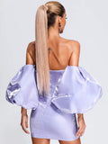 Off Shoulder Puff Sleeves Mini Slim Dress Women V Neck Strapless Lantern Sleeve Mini Dress Celebrity Party Club Satin