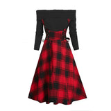 Women Dress Off The Shoulder Lace Up Plaid 2 In 1 Dress Vestidos Autumn Gothic Mixed Media Party