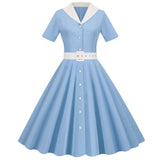 Solid Shirt Women Dress With Belt Button Hepburn Style Turn Down Collar Swing Dresses Retro Vintage 60s Rockabilly