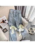 High Waist Women's Fashion Jeans Ladies Sweet Bow Wide Leg Pants Ripped Hole Trousers Fashion All-Match Bagge