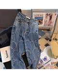 New Women Jeans Vintage Y2k Loose Blue Heart Print High Waist Denim Pants Fashion Streetwear Casual All-Match Denim