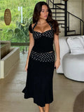 Black Polka Dot Patchwork Top And Midi Skirt Set- Outfit