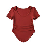 Zingj Trendy Women's Wear U-Collar Ant Waist Tight Pleated Short-Sleeved T-Shirt Spice Girl Curved Hem Sexy
