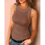 Women Sports Solid Color Round Neck Knitted Sleeveless Top Multi-color