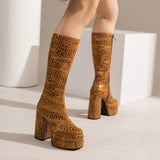 Fashion Women Knee High Boots Flock Platform Chunky High Heel Punk Boots Square Toe Zipper Autumn Winter Ladies