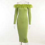 Elegant Feather Strapless Backless Midi Dress For Women Robe Fashion Off-shoulder Full Sleeve Long Dress