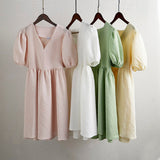 Summer Dress Woman Vintage Puff Sleeve A Line Dresses V-Neck High Waist Mini Dress Green Sexy Grain Dress