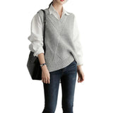 V Neck Spring Autumn Twist Striped Vest Women Sweater Solid Sleeveless Oversized Jumper Knitted Loose Ladies