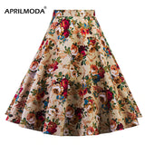 Women Midi Pleated Skirts Vintage 50s 60s Flower Printed Summer Ball Gown High Waist Audrey Hepburn Retro Swing Skater