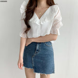 Summer Ruffled Lapel Chiffon Shirt Women Blouses Korean Style Elegant Sweet Puff Sleeve Tops Female Blusas