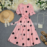 Zingj Big Wave Point Foreign Air Horn Short Sleeve Temperament V Neck Tie Closed Waist Show Thin Long Dress Female Summer