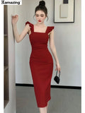 Women Elegant Sleeveless Midi Bodycon Tank Dress Solid Lady Clothing Femme Fashion Robe