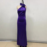 2024 New Sexy Dress Purple Temperament Three-Dimensional Flowers Waist Famous Hanging Neck Party High-End