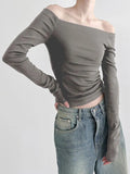 Solid Color Off Shoulder Slim Long Sleeve Tee- Outfit