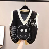 and autumn new style knitted vest Korean ladies cartoon smile women's sweater casual