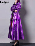 Autumn Long Shiny Reflective Patent Pu Leather Trench Coat for Women Zipper Runway Fashion Luxury Designer Clothes
