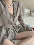 Sunscreen Suits OL Shirts Women Long Puff Sleeve New 2022 Summer Solid Close Waist Fashion Sexy Wide Leg Shorts