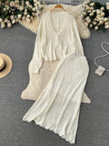 Fashion Knitted Two Pieces Suits V Neck Hollow Out Cardigan Top+Elastic Waist Bodycon Skirt Women Streetwear