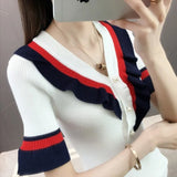 Short-sleeved Knitted Sweater Female Stitching Slim Button Color Matching V-neck Sweater Pullover Women Spring