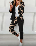Women Autumn Lapel Collar Plaid Blazer Coat & Drawstring Pants Set Long Leggings Suit Work Wear 2 Piece Jacket
