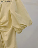 Summer Casual Pleated Split Dresses Women Puff Sleeves Front Button O-Neck Yellow Dress Female Vestido De Mujer